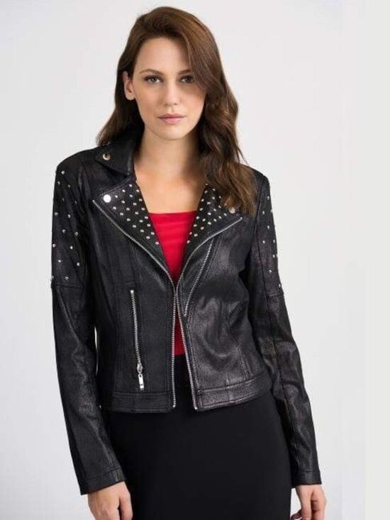 Joseph Ribkoff Jackets & Blazers - Joseph Ribkoff Studded Black Biker Moto Jacket Silver Studs Medium